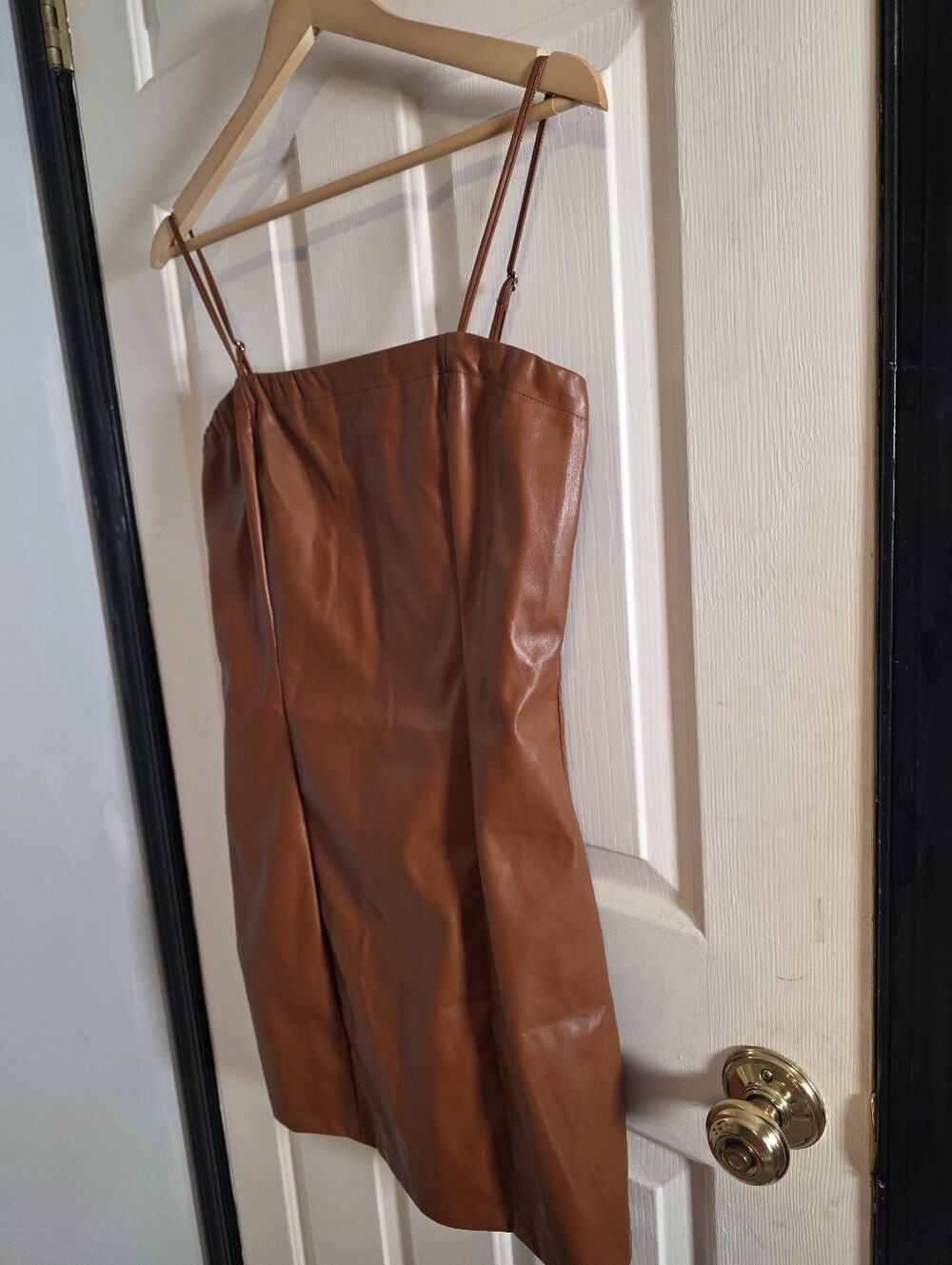 Faux Leather Love Tree Bodycon Mini Dress Brown--Size Large